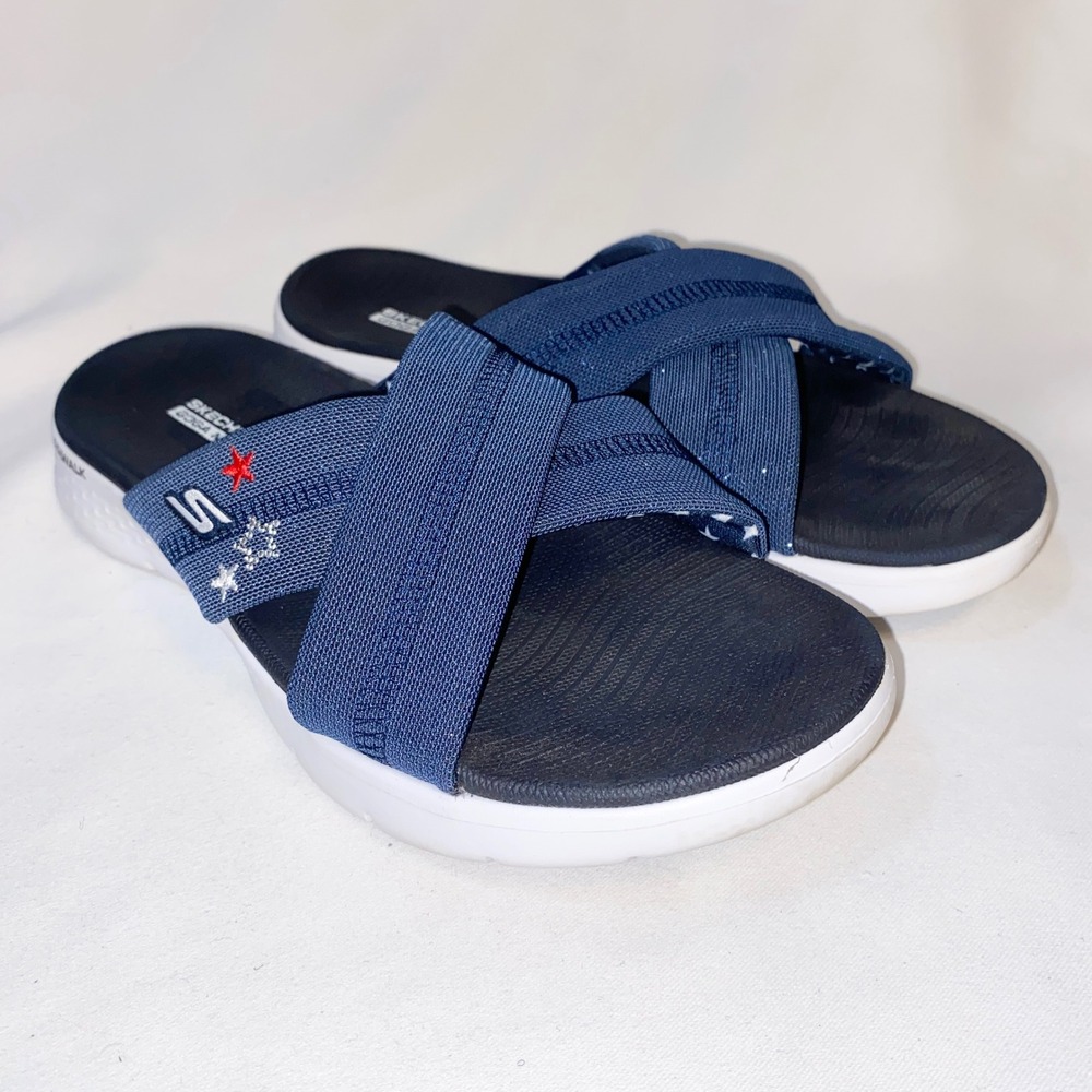 Skechers GoWalk Goga Mat Navy Blue Star Cross Strap Slide Sandals Womens 8